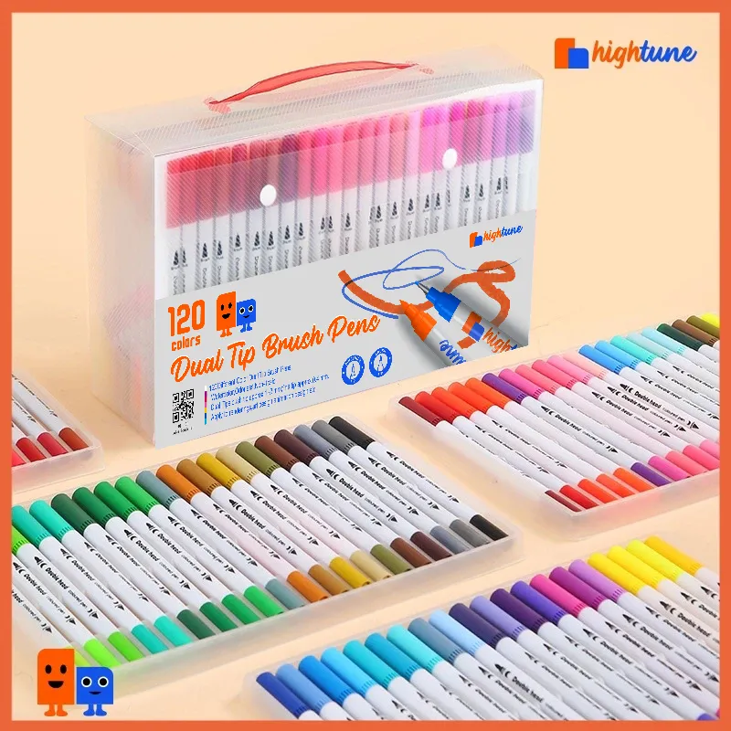 Hightune Spidol Warna Set 12/36/60/80/100/120 Spidol Brush Pen 2 Tips Spidol Set Marker Drawing Pen