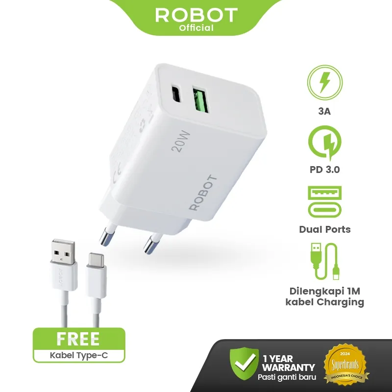 ROBOT Adapter Charger Fast Charging 20W Dual Port USB-A USB-C FREE Kabel Type-C Kompatibel Android dan iPhone RT-P7/RT-P1/RT-P2/RT-P3/RT-P6 Original - Garansi 1 Tahun
