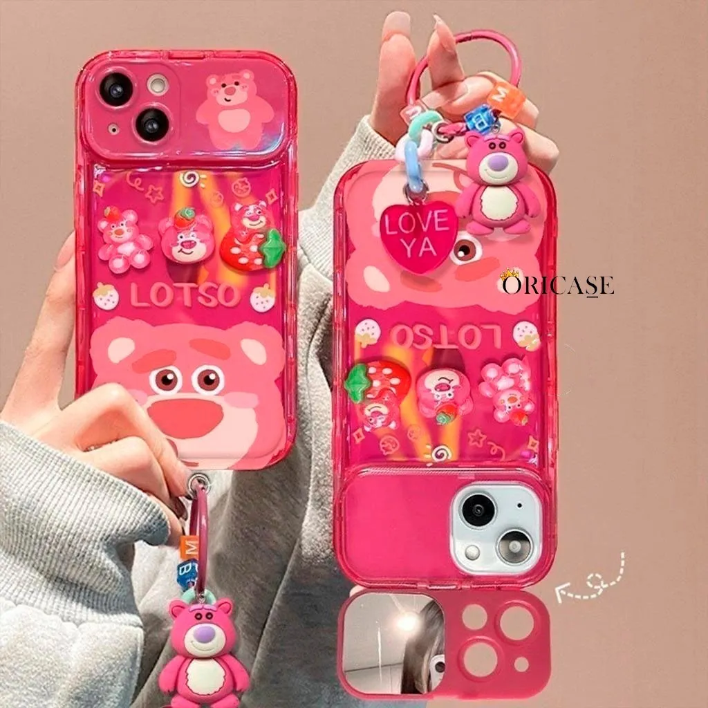 Premium Case BEAR - KUROMMI LOTTSO KIRBYY OVAL FLIP MIRROR SHOCKPROOF CASE WITH CUTIE CHARM CASING SOFTCASE COMPATIBLE FOR IPHONE 7 8 7+ 8+ X XS XR 11 12 13 14 PRO PROMAX CASING FULL COVER PELINDUNG HANDPHONE Silicone Bumper TH192
