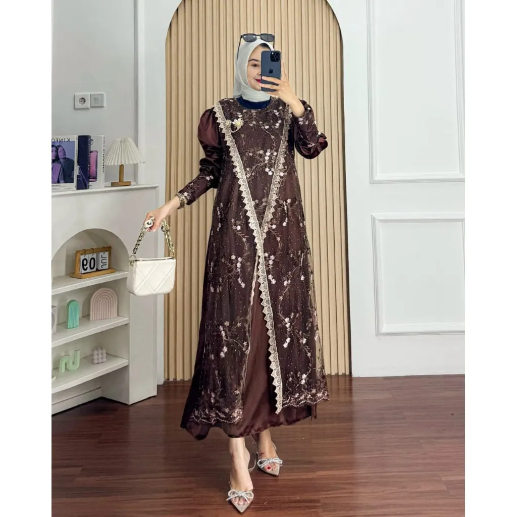 cod Melisa dress gamis burkat mahogani burgandi terbaru 2025 kondangan simpel elegan mewah permium