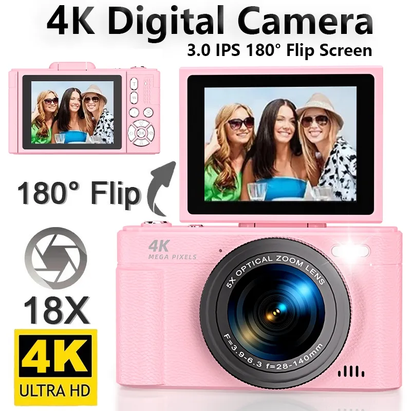 T-JERZEN Kamera Digital digicam kamera mini WiFi 64MP 4K Hitam Putaran 180° Zoom 18x kamera murah With 52mm 0.45X Wide Angle Macro lens Dengan Dukungan Selfie Koneksi WIFI untuk Hadiah Pemula Retro V5