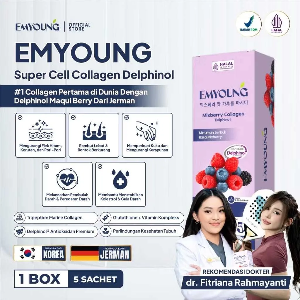 EMYOUNG – Super Cell Collagen Delphinol | Collagen Drink Whitening BPOM dengan Glutathione & Maqui Berry | Suplemen Pencerah Wajah & Pemutih Badan