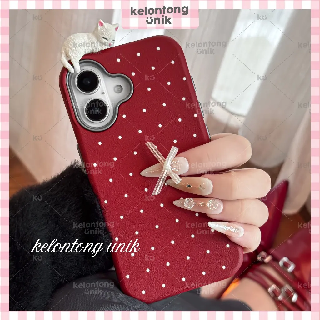 KELONTONG UNIK | 3D Red Polka Lazy Kittty Leather Hippers Case Cat Kucing - Hardcase/ Casing HP for iPhone 11 12 13 14 15 16 17 PRO PROMAX PLUS ,CILK-003