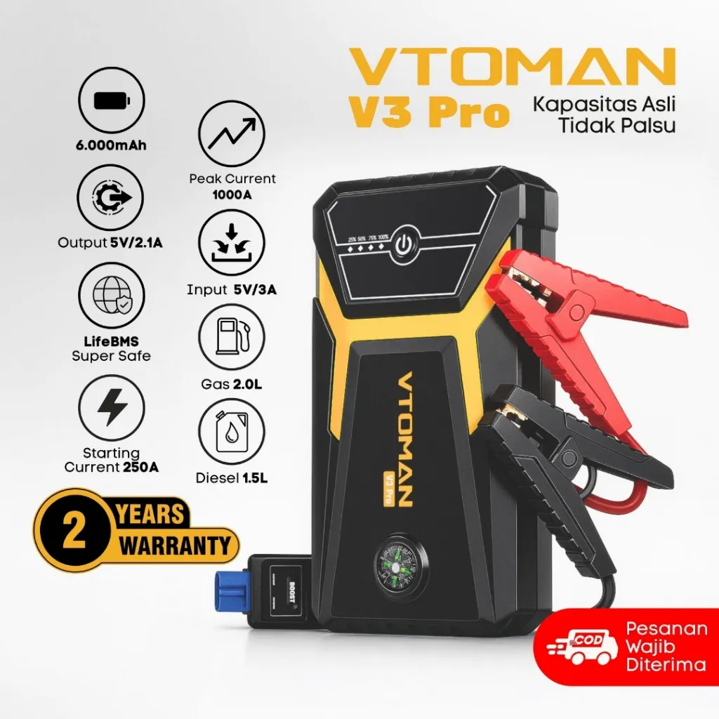 VTOMAN V3 Pro 6000mAh Jump Starter Dengan Tombol Boost Jumper Aki Mobil Powerbank Car Jump Starter