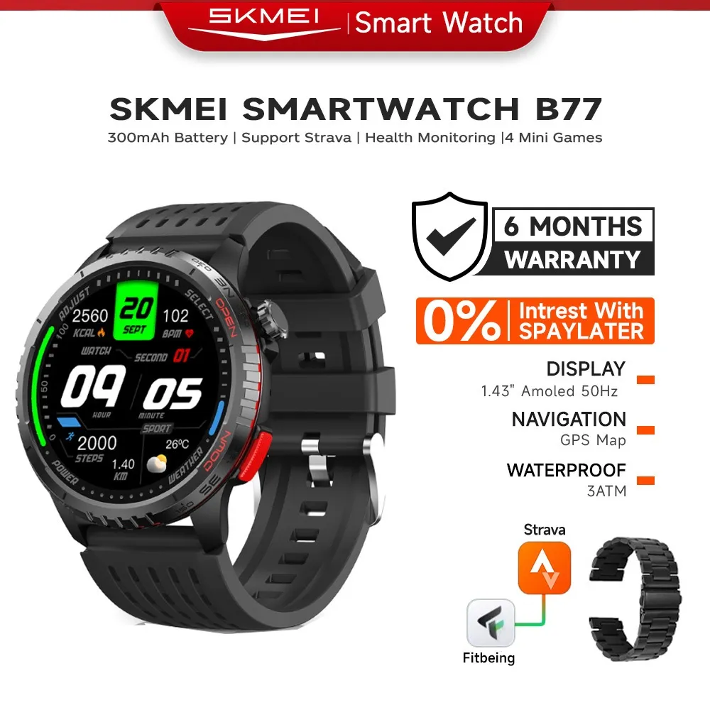 SKMEI B77 Jam Tangan Smartwatch Pintar! Tahan Air 3ATM, Bisa Telepon & Notif WA, 1.43 Layar AMOLED HD  Tidur, dan Stres - Original 100%