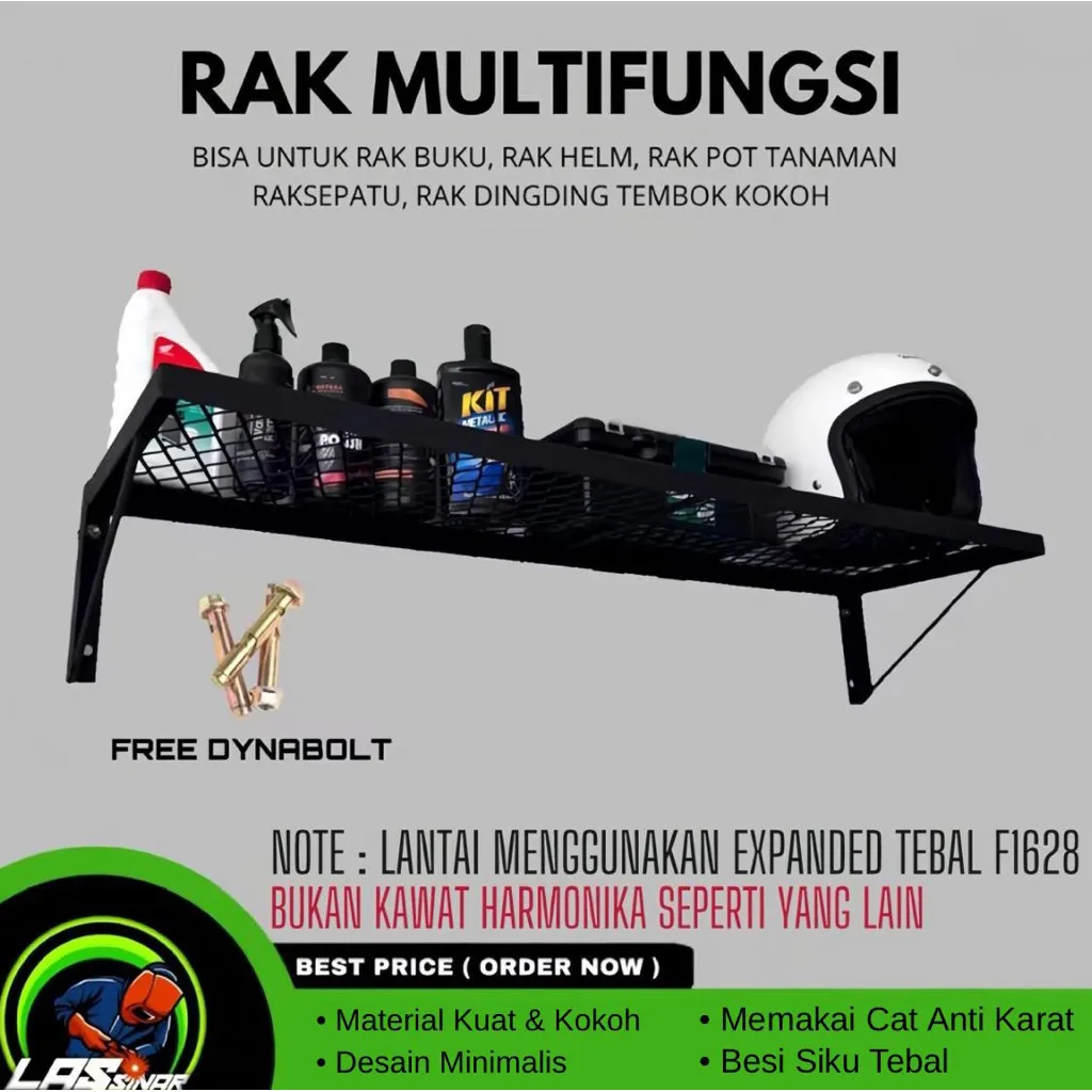 Rak Dinding Multifungsi Besi Kuat – Rak Helm, Rak Buku, Rak Sepatu, Rak Pot Tanaman, Rak Ambalan Pot Bunga, Rak PC, Rak Printer Tempel Dinding Serbaguna (Free Dynabolt)