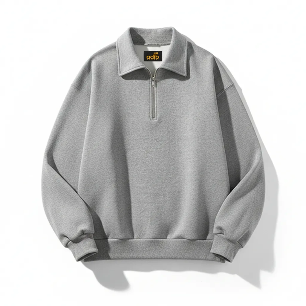 Rugby Half Zipper Crewneck Jaket Sweater Unisex Pria Wanita Warna Abu Muda