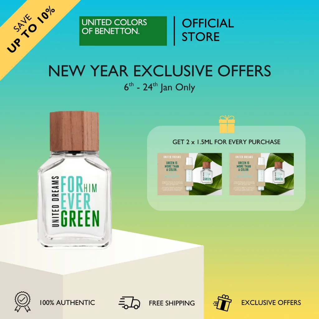 Benetton Fragrances United Dreams Forever Green Him EDT 100ml - Vegan Woody Citrus Spicy Fragrance For Men