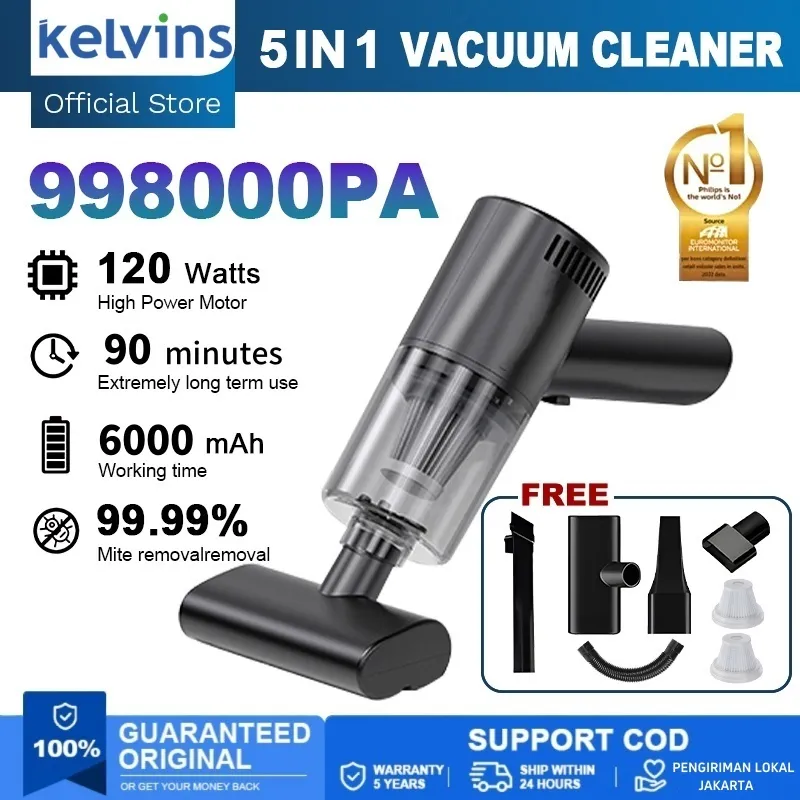 KELVINS Vacuum Cleaner Nirkabel Genggam 998000 Pa 5 IN 1 Penyedot Debu Portabel Daya Tinggi Rumah Tangga Pengisap Kuat Desktop Mini Mobil Desktop Cleanup
