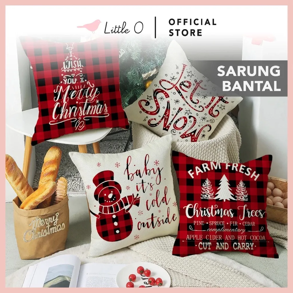 LITTLE O Sarung Bantal SET ISI 4 Tema Natal Bantal Sofa Resleting Dekorasi Natal Christmas Hampers Natal