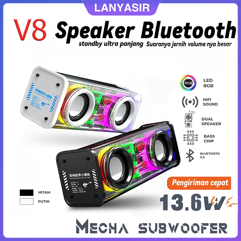 [COD] V8 Original Mecha Speaker Bluetooth mini LED Portable V8 Dual led Transparan 13.6w Speaker Bluetooth Bass