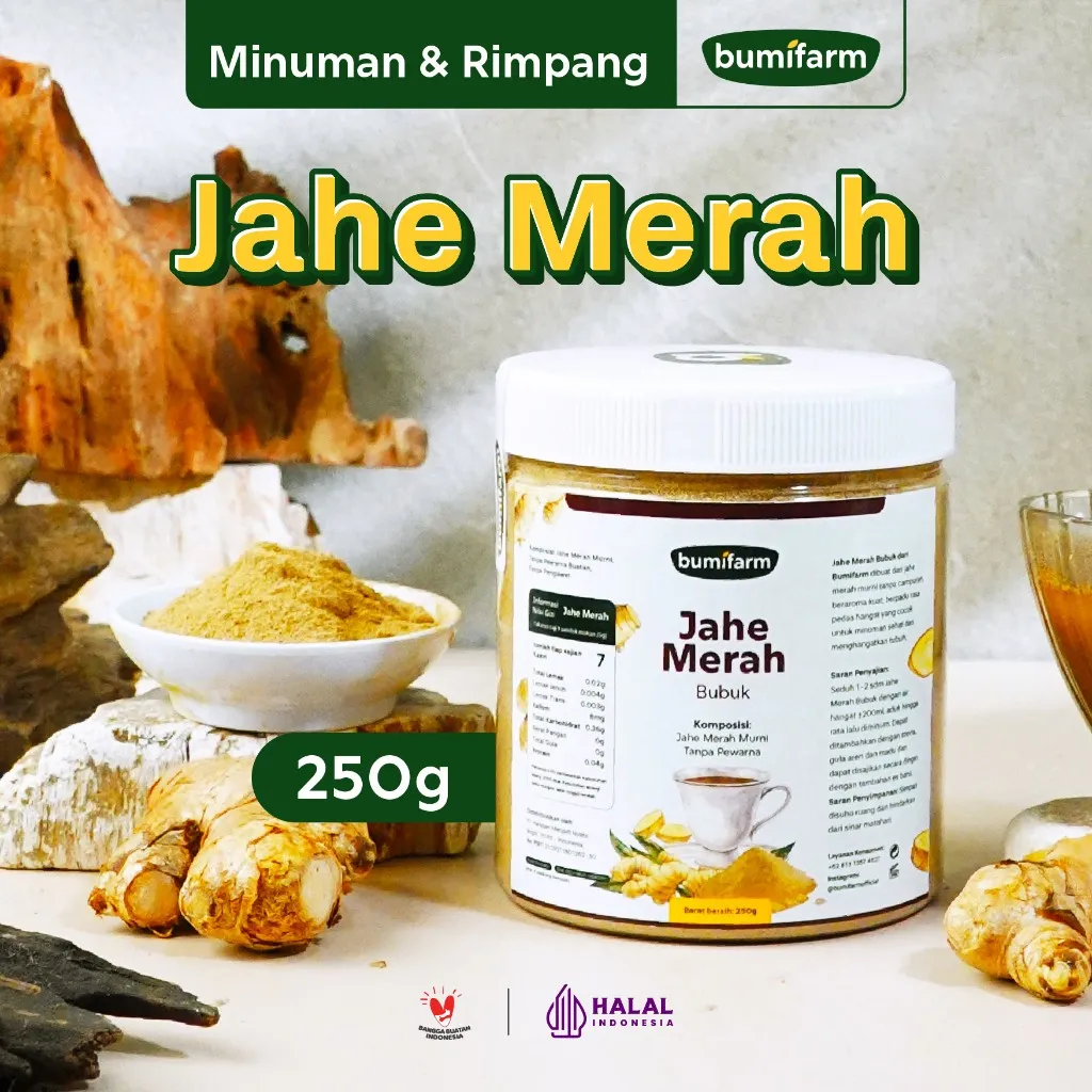 JAHE MERAH BUBUK 250G ASLI 100% TANPA CAMPURAN ORIGINAL BUMIFARM SERBUK JAHE / BUBUK MINUMAN JAHE MERAH / JAHE MERAH SEGAR / JAHE MERAH INSTAN PURE RED GINGER POWDER / IMUN BOOSTER ORGANIC NUTRIFARM / BEORGANIK / DARI BUMI / SAFIYA / GALLEO