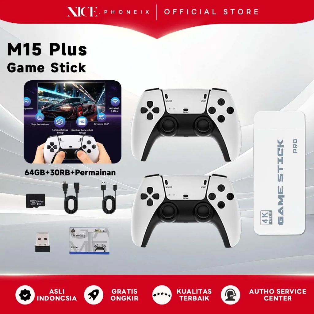 M15Plus Game Stick 4K Wireless Gamepad 2Player HDMI Connect PS1 30.000+ Games Retro Game Console For TV + Computer + Proyektor