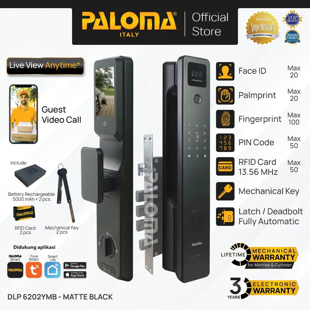 PALOMA DLP 6202YMB Smart Lock Kunci Pintu Digital Lock Smart Door Lock Smart Home Kunci Pintar 3D Face ID FaceID Palmprint Recognition Door Live Viewer Camera Tuya WiFi Black Hitam