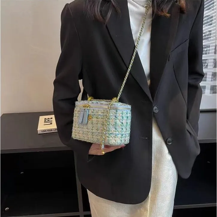 LOEI Prisha Tweed Bag Elegan Trendy - Tas Kotak Mini Rantai Tali Selempang G132