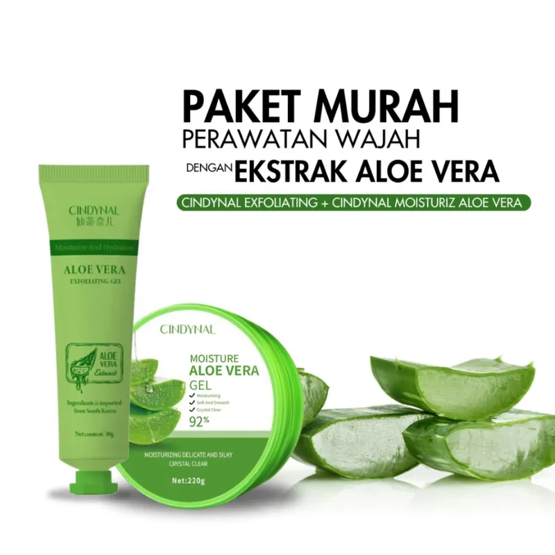 [PAKET BUNDLE 2in1] ALOE VERA SOOTHING GEL CINDYNAL 92% + EXFOLIATING GEL – Perawatan Wajah & Badan Penghilang Daki, Melembapkan & Menenangkan Kulit