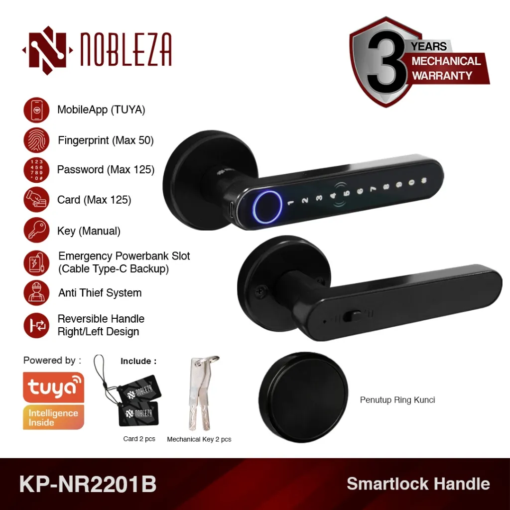 NOBLEZA Smart Door Lock Kunci Pintu Digital Handle Rosette Fingerprint App Bluetooth KP-NR2201B BLACK