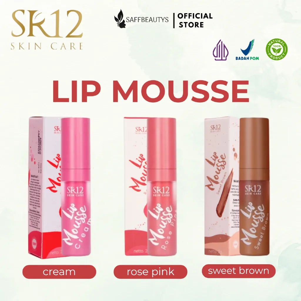 Lip Mousse SR12 / Cream Pelembab Bibir Alami / Hasil Soft dan Matte / Mengandung Vitamin E dan Sunscren Agent