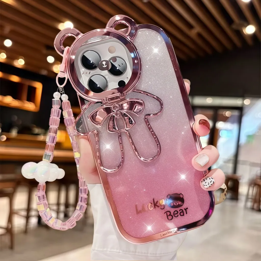 with Bracelet Casing iPhone 16 Pro Max Luxury Flip Lens Holder Glitter Lucky Bear Phone Case for iPhone 11 12 13 14 15 16 Pro Max Case with Lens Camera Protection Flip up lens holder phone case