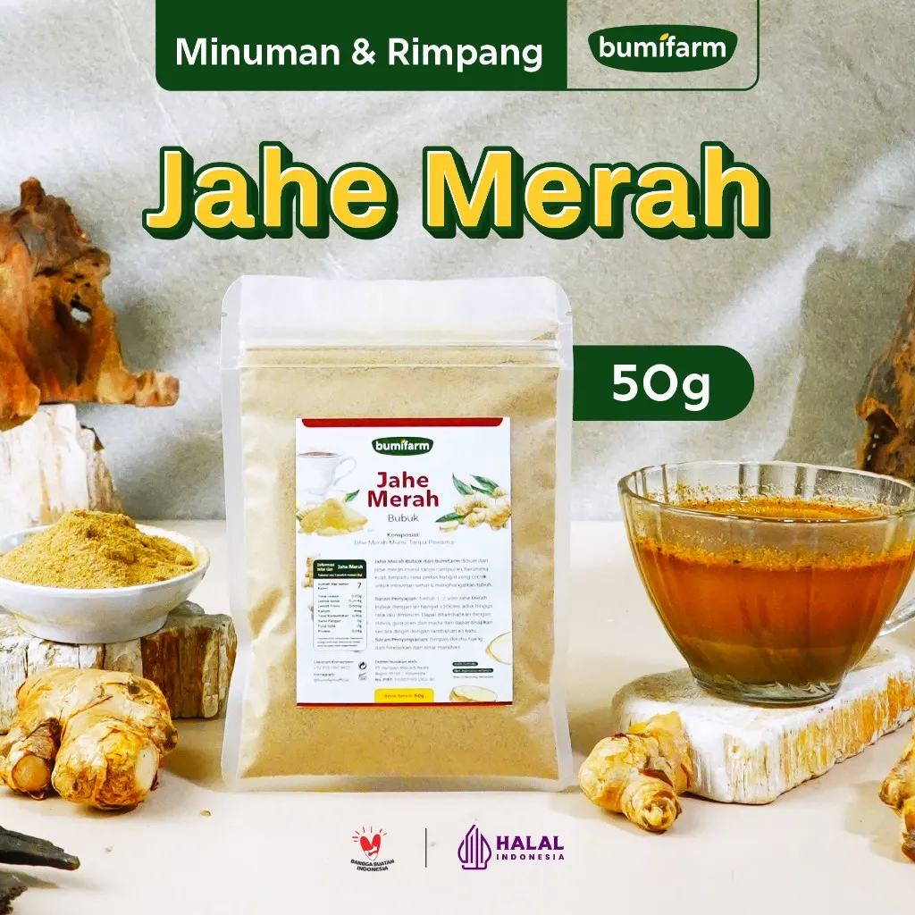 JAHE MERAH BUBUK 50G ASLI 100% TANPA CAMPURAN ORIGINAL BUMIFARM SERBUK JAHE / BUBUK MINUMAN JAHE MERAH / JAHE MERAH SEGAR / JAHE MERAH INSTAN PURE RED GINGER POWDER / IMUN BOOSTER ORGANIC NUTRIFARM / BEORGANIK / DARI BUMI / SAFIYA / GALLEO