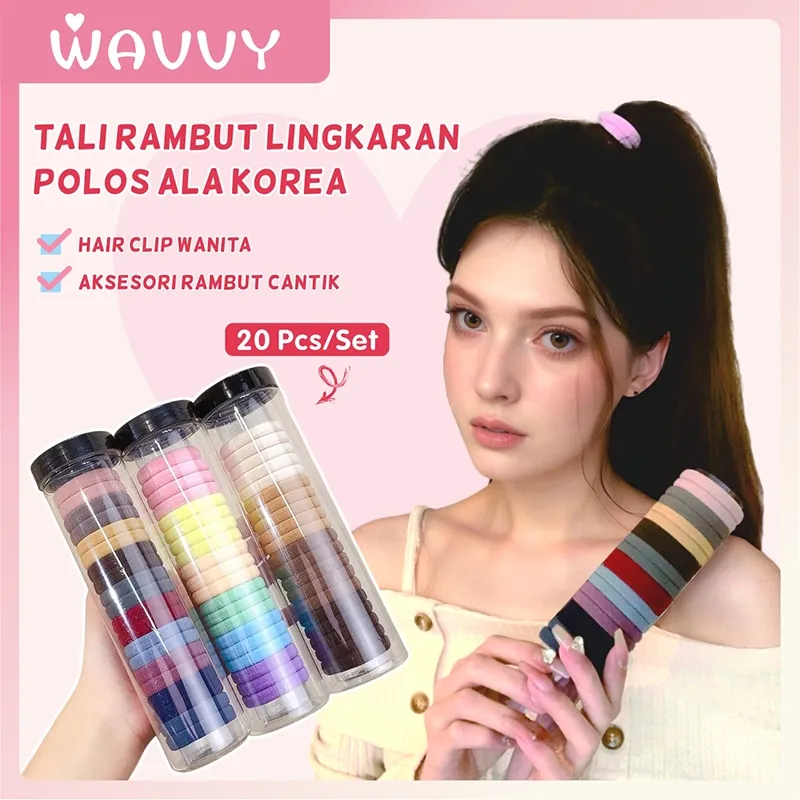 Wavvy Ikat Rambut Wanita/20 Pcs / Kaleng /Pita Rambut Korea/Ikat Rambut Warna Permen Lucu
