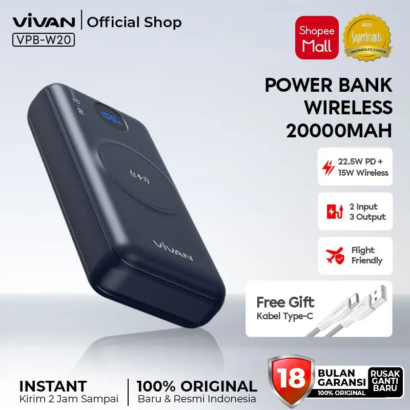 VIVAN Wireless Powerbank 20000 mAh VPB-W20 3 Output 22,5W Fast Charging  Garansi 18 Bulan (2)
