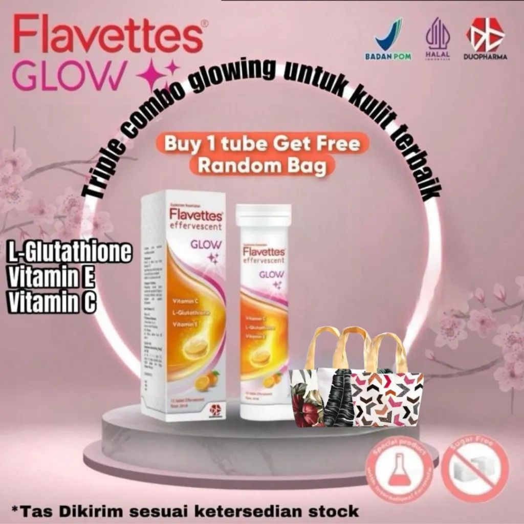 FLAVETTES Glow (15's) Bonus Bag Exclusive [Tas Eksklusif] Suplemen Minuman Kecantikan dengan L-Gluthathione, Vitamin C, Vitamin E, Membantu Melembapkan dan Mencerahkan Kulit