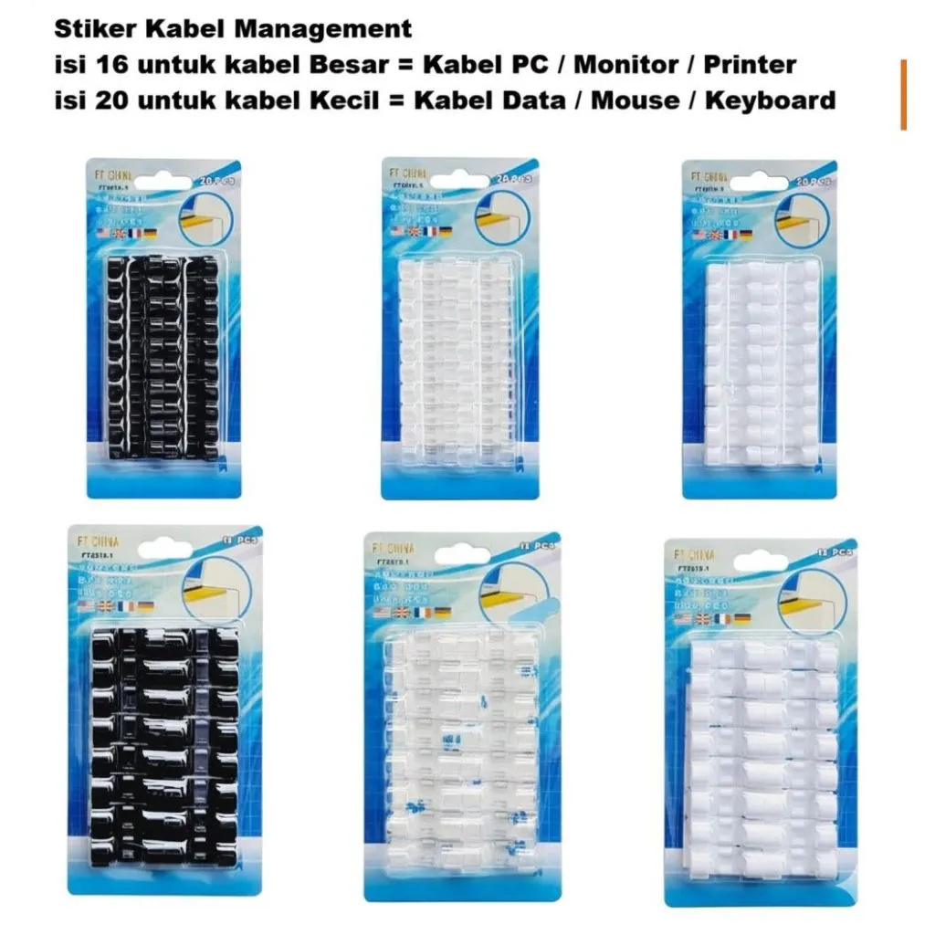 isi 20 / 16 Pcs Perapih Cable Clip Klem Kabel Tempel klip USB Charger lem 3m Stiker Kabel Klem Tempel klip Pengatur Kabel Organizer Cable Clip Management USB Charger Perapih kabel kecil charger hp kabel data Sedang Besar PC Monitor Printer Kantor Meja