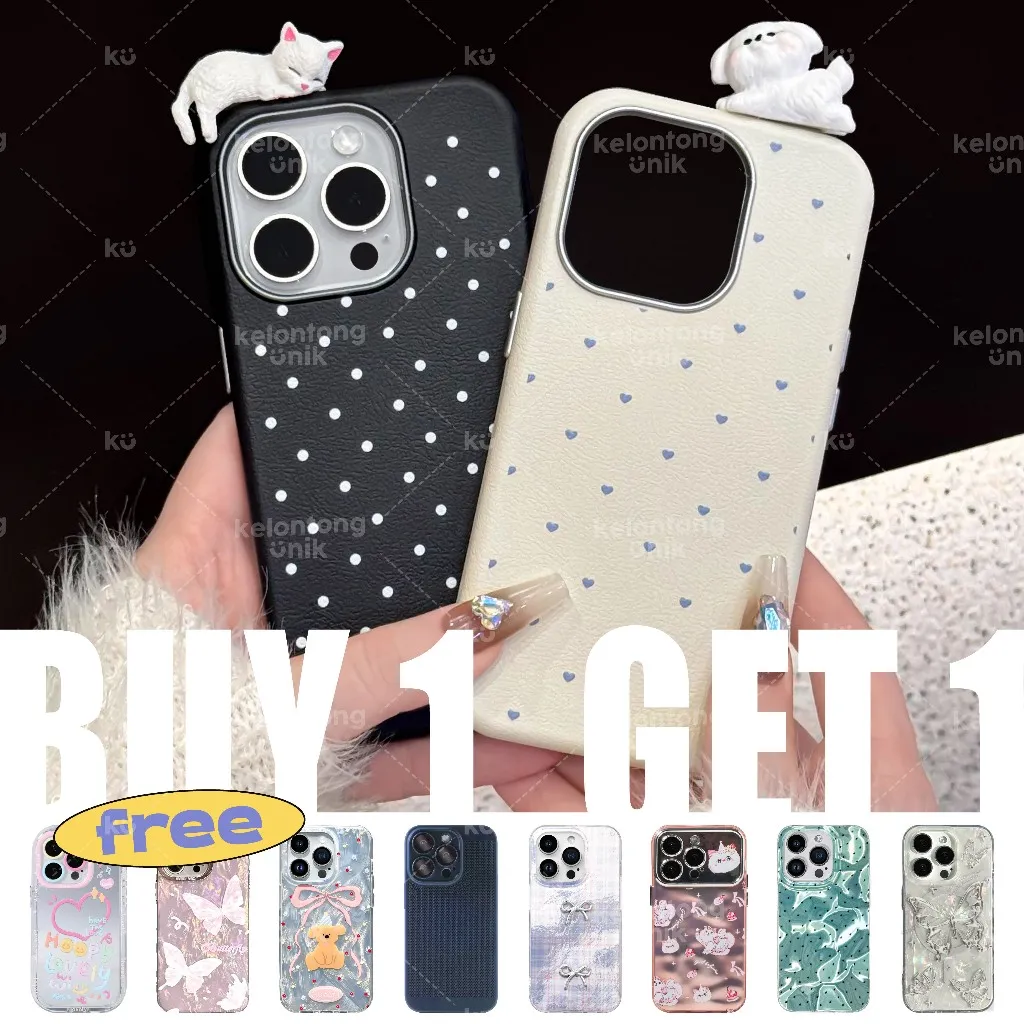 [BUY 1 GET 1] KELONTONG UNIK | 3D Polka Lazy Kitty Leather Hippers Case Cat Kucing - Hardcase/ Casing HP for iPhone 11 12 13 14 15 16 17 PRO PROMAX PLUS ,CILK