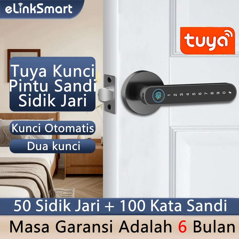 Kunci Pintu Pintar TUYA Dengan Kata Sandi Buka Kunci Dengan Sidik Jari Kunci Pintu Pintar Untuk Kamar Tidur Gagang Pintu Dan Daya Tahan Baterai Yang Lama