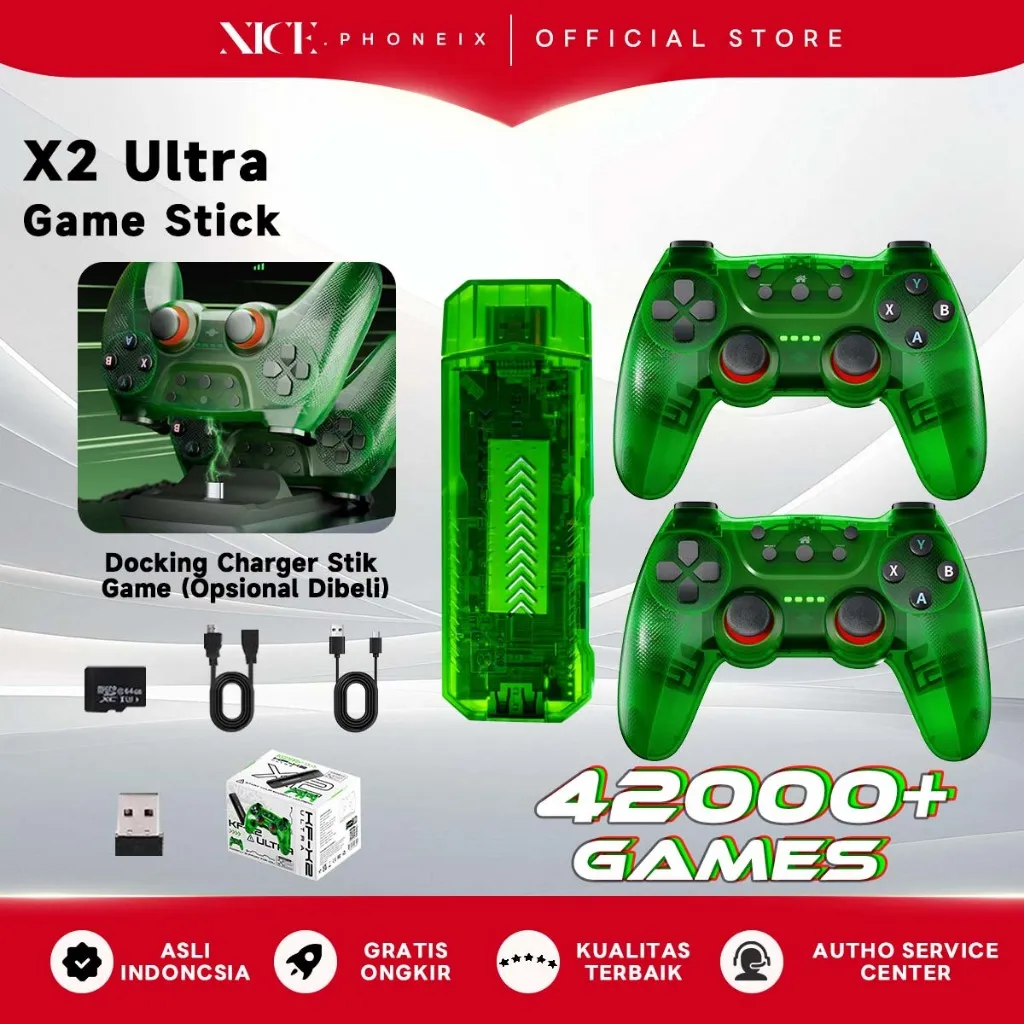 Upgrade X2 Ultra Game Stick Gamepad Wireless 2.4G 4K Retro Game Console Dual Joystick Remote 43.000+ Games Untuk TV + Komputer + Proyektor - Tidak Perlu WIFI