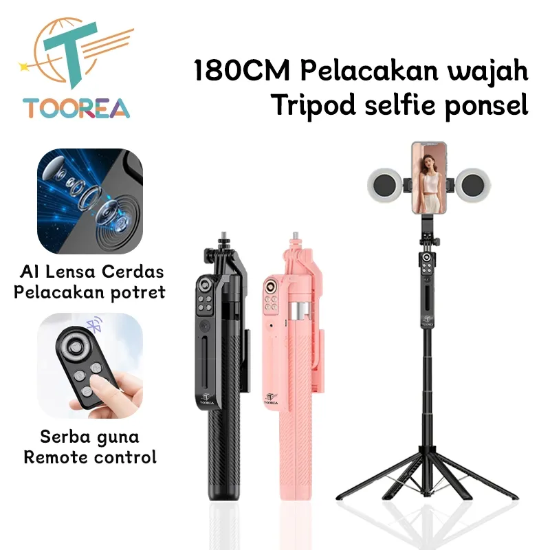 TOOREA Pelacakan Wajah Otomatis Tripod Selfie Stick 1.8m Gimbal Handphone Stabilizer 360° Stand 4-leg Tongsis dengan LED LAMPU Ganda Auto Face Tracking Tripod
