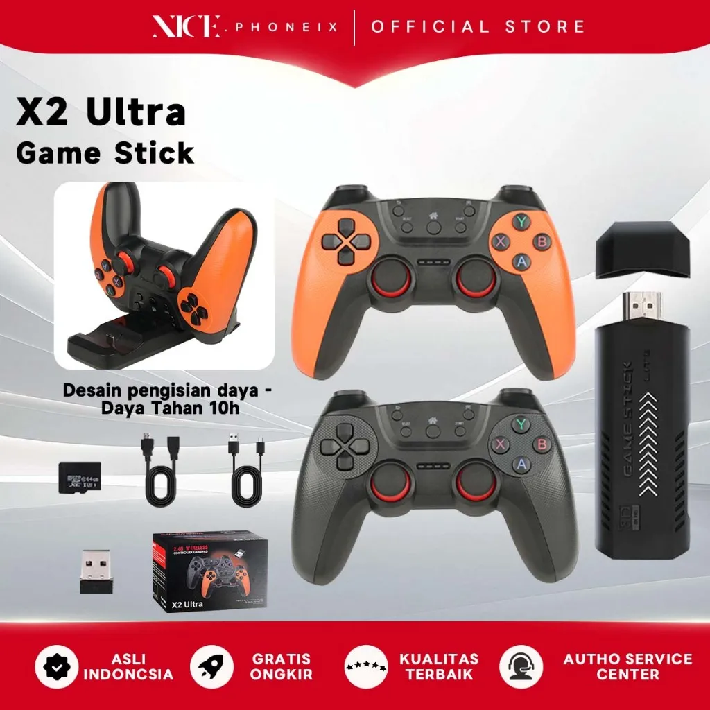 X2 Ultra Game Stick 4K 3D TV + Rechargeable Wireless Gamepad + PSP PS1 41800+Games Untuk Pertemuan Keluarga Konsol Game Retro Game Console