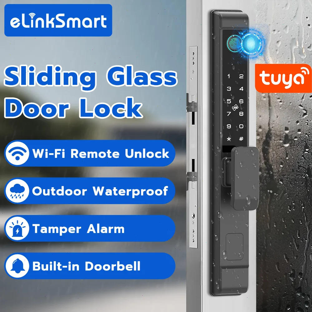 Sliding Glass Door Lock, Smart Fingerprint Code Keypad RFID Remote App Electronic Digital Biometric Safety Patio Door Double Hook Mortise Lock Set with Handle