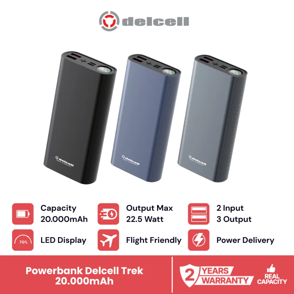 Delcell Trek Powerbank 20000mAh Fast Charging 22.5W LED Display PD +QC Fast Charging Original