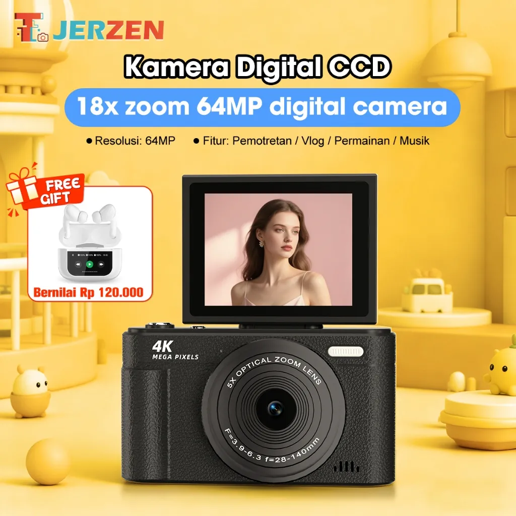 T-JERZEN Kamera Digital 64MP 4K Layar Putar 180° Zoom 16x Cocok untuk pemula dan content creator V5