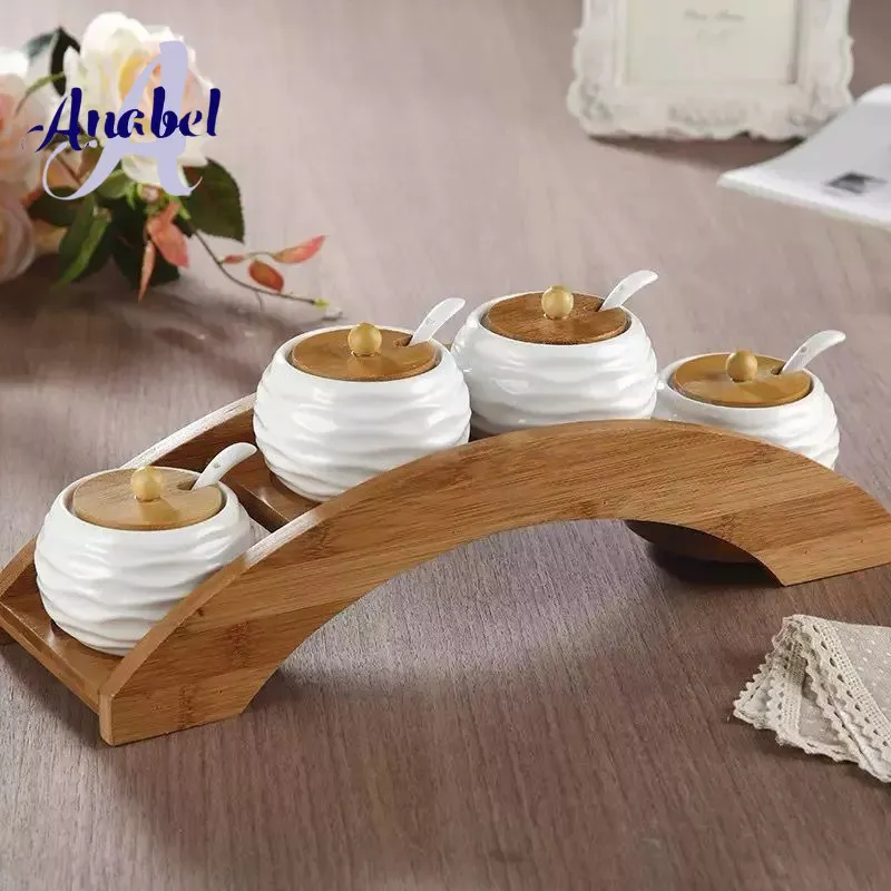 Tempat Penyimpanan Bumbu 4in1 Set Dapur Kaca Keramik Dengan Stand Kayu Dan Sendok