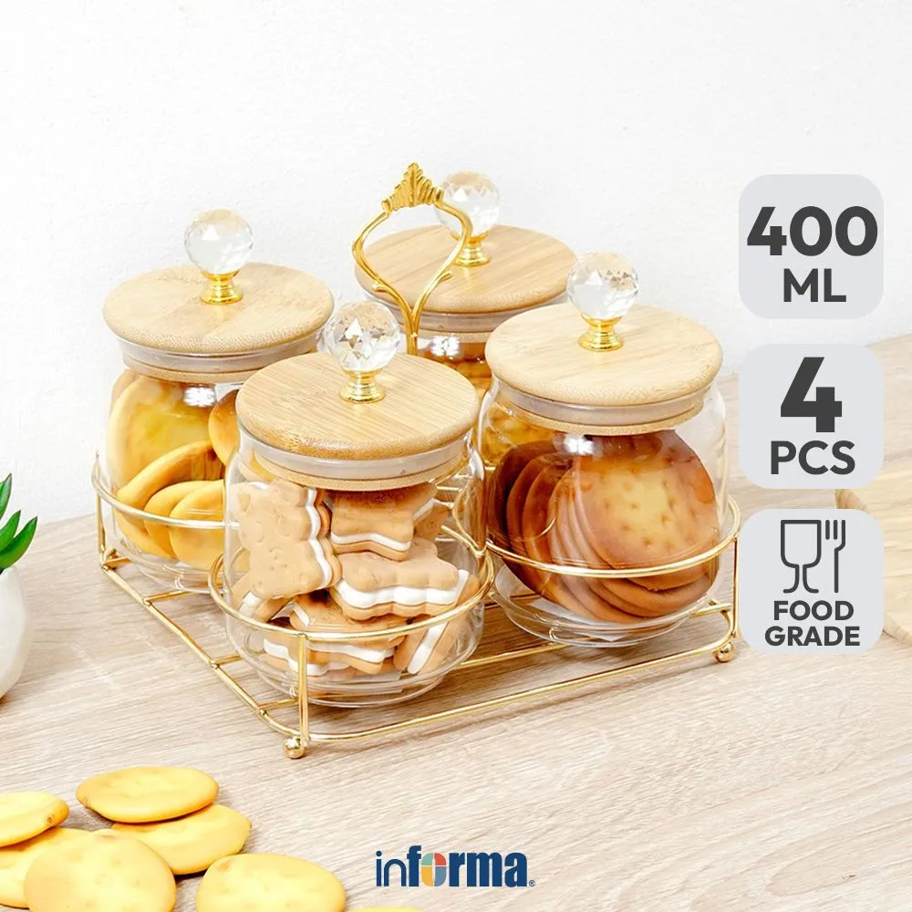 Informa 400 ml Set 4 pcs Gia Stoples Kaca Dengan Rak Jar Tempat Simpan Snack Dan Permen Setoples Toples Serbaguna Perlengkapan Dapur Toples Tempat Bumbu Tempat Cemilan Toples Kaca