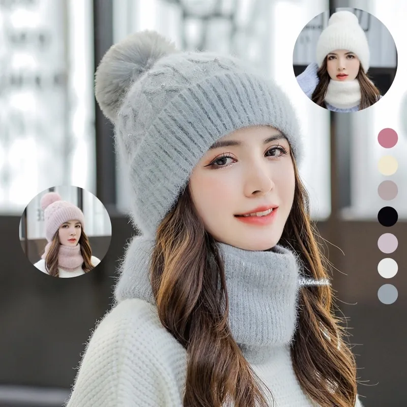 Beanie hat topi kupluk 1 set neck warmer penghangat telinga Maudy beanies wanita winter musim dingin import