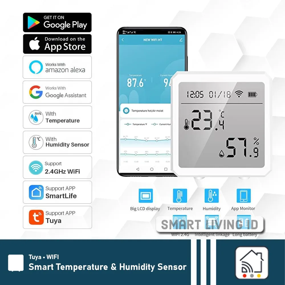 Tuya Smart Temperature Humidity Sensor Detector Pengukur Suhu Kelembapan WiFi