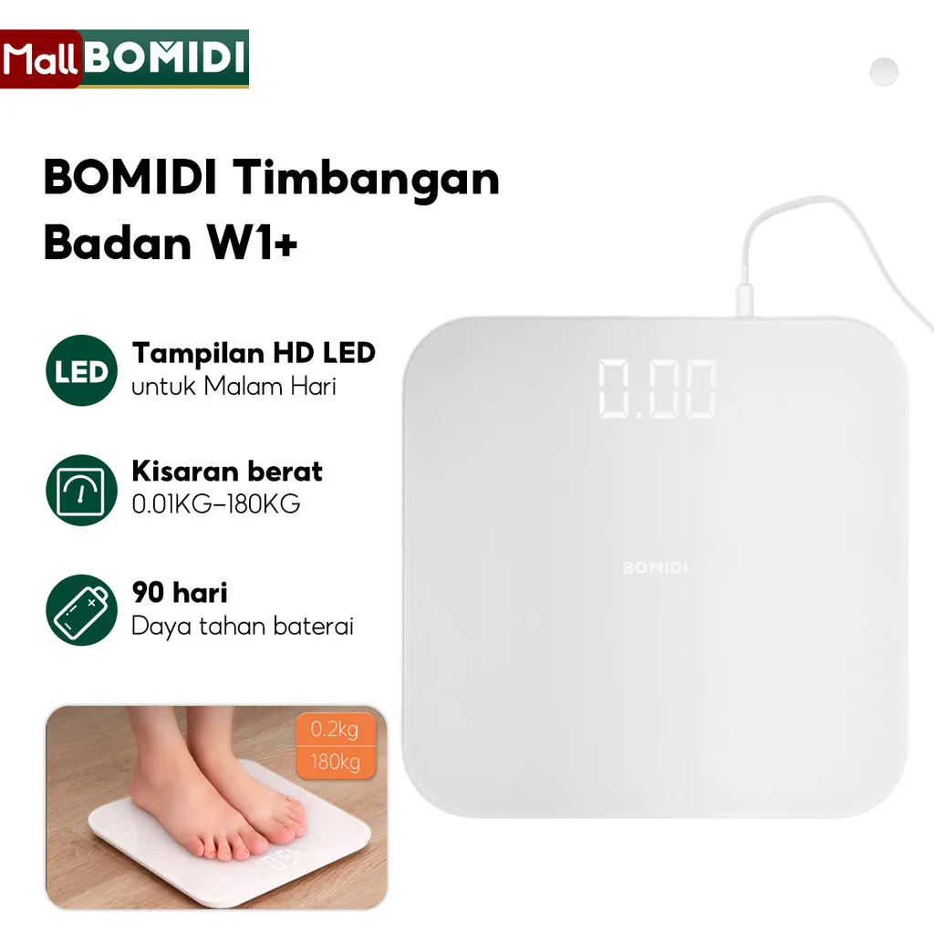 BOMIDI Timbangan Badan W1+ 0.2-180KG Tampilan LED Digital Timbangan Badan Presisi Tinggi