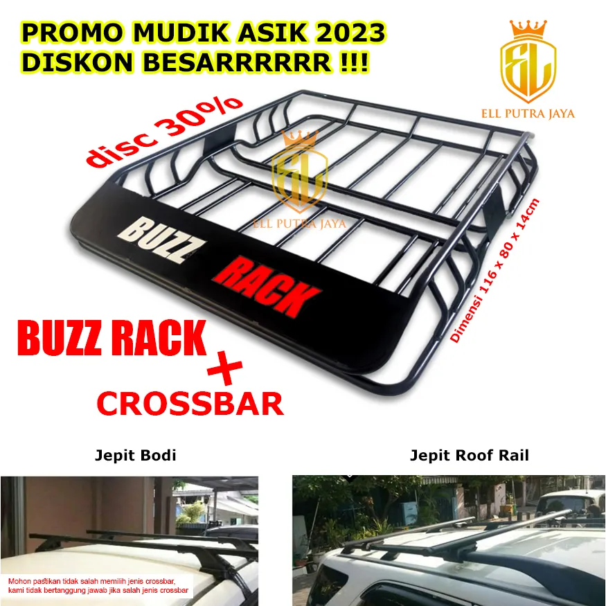 Buzz Rack Bagasi atas mobil 1 Set + Crossbar Jepit Bodi/Roof Rail