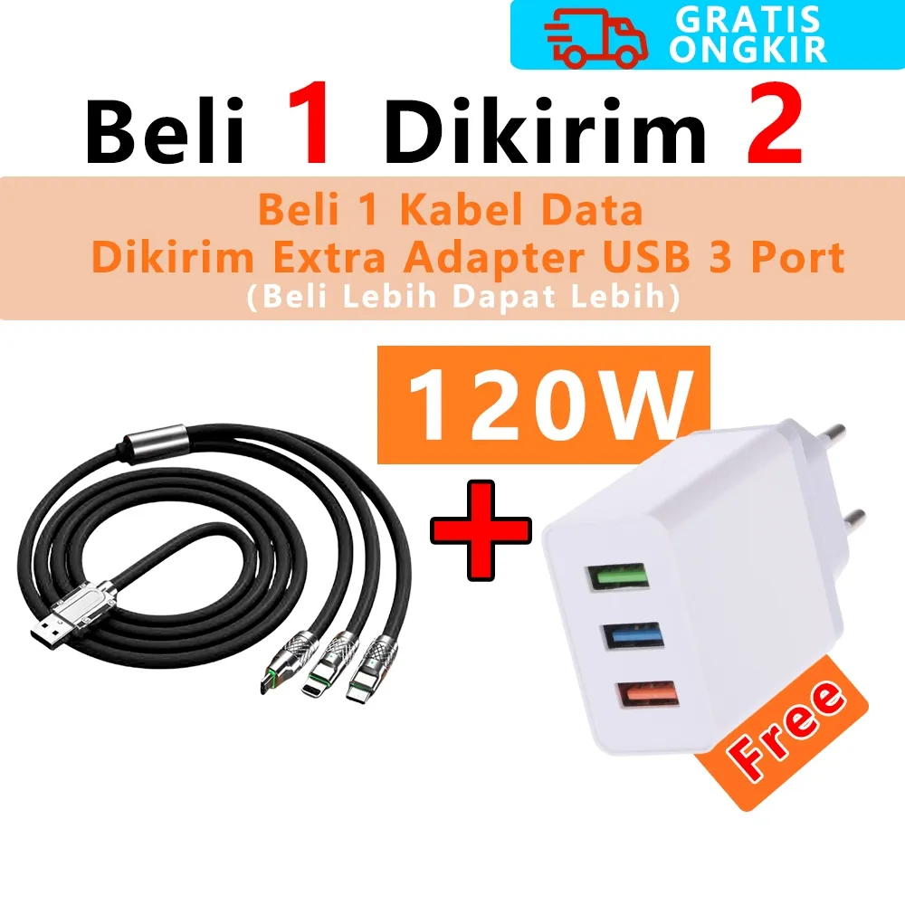 Dapat Adapter - Kabel Data 3 in 1 Kabel Data Dapat 3 USB Ports adapter 120W HP Kabel Casan 3in1 Tipe C Micro usb Type-C Cable FOR iPhone ios USB Android Cable Data Lightning Untuk Apel iPhone Infinix Samsung Realme Xiaomi OPPO VIVO
