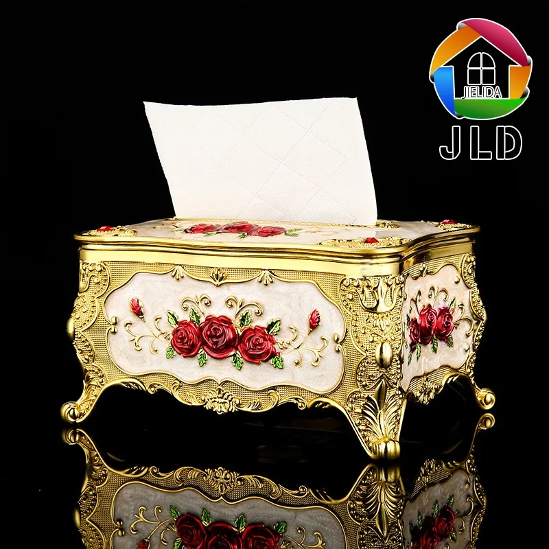 JieLiDa Mewah tuba Kotak Tisu Kotak Handuk Kertas Kotak Tisu Cantik Tempat tissu Penyimpanan Desktop Dekorasi Rumah Ornamen Kotak Tisu Vintage Ornamen Kotak Tisu Mawar Emas Dekorasi