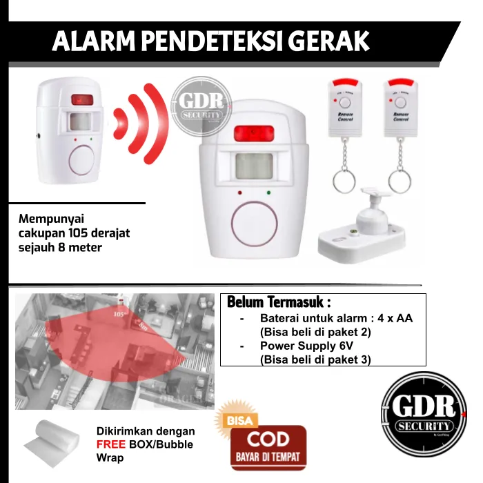 Alarm Anti Maling Infrared PIR Sensor Gerak (bisa +Baterai / +Adaptor),  2 Remote - Putih, Mudah Dipasang, Cakupan Luas TAFFHOME