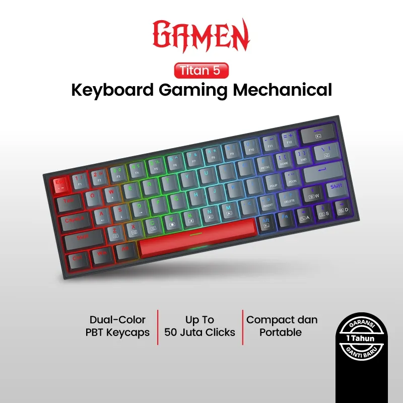 GAMEN Titan V Grey Keyboard Mechanical 60% Compact 63 Keys, 12 Mode RGB, Outemu Blue Switch, N-Key Rollover Anti-Ghosting Aksesoris Meja Kantor Keyboard Mechanical Keyboard Komputer
