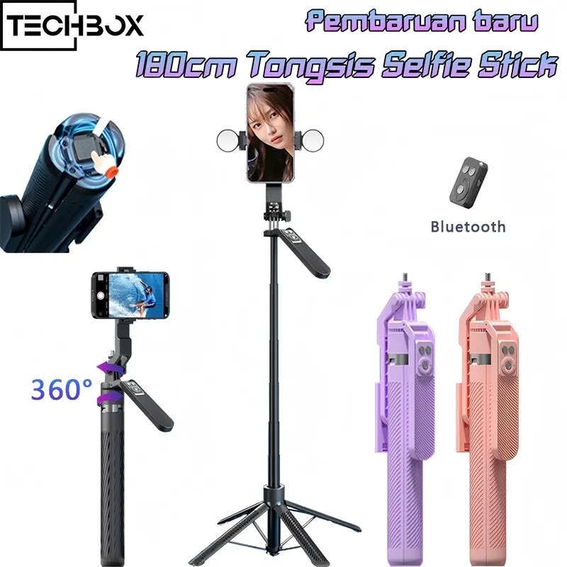 Tech 180cm Tongsis Kualitas Tinggi Aluminium Berkualitas Empat Tripod Tongsis Selfie Stick HP Tripod Bluetooth Remote Control Rotasi 360 Tongsis Handphone Kamera
