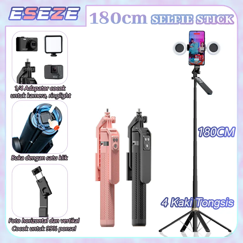 Eseze 180CM Tongsis HP Kamera Paduan aluminium Selfie Stick Tripod Bluetooth Remote LED Lampu Tripod HP Kamera DSLR Portable Untuk Kamera Ring Light