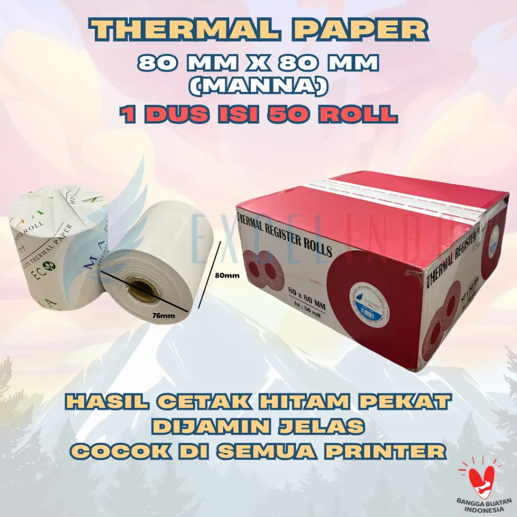 (1 DUS/50 ROLL) MANNA Kertas Kasir Thermal Paper Ukuran 80x80 TEMBUSAN JELAS PREMIUM QUALITY