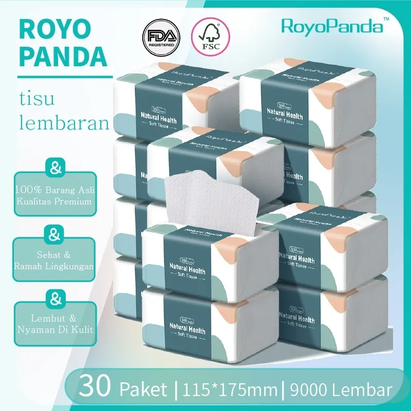 【30 Pack】RoyoPanda Tisu Wajah 115×175mm Lembut Facial Tissue 5 Lapis 300 Lembar Antibakteri Tisu 1 Kotak